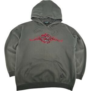 Vintage y2k Mens Grey Red Embroidered Top Heavy Dragon Grunge Tribal Hoodie Sz L